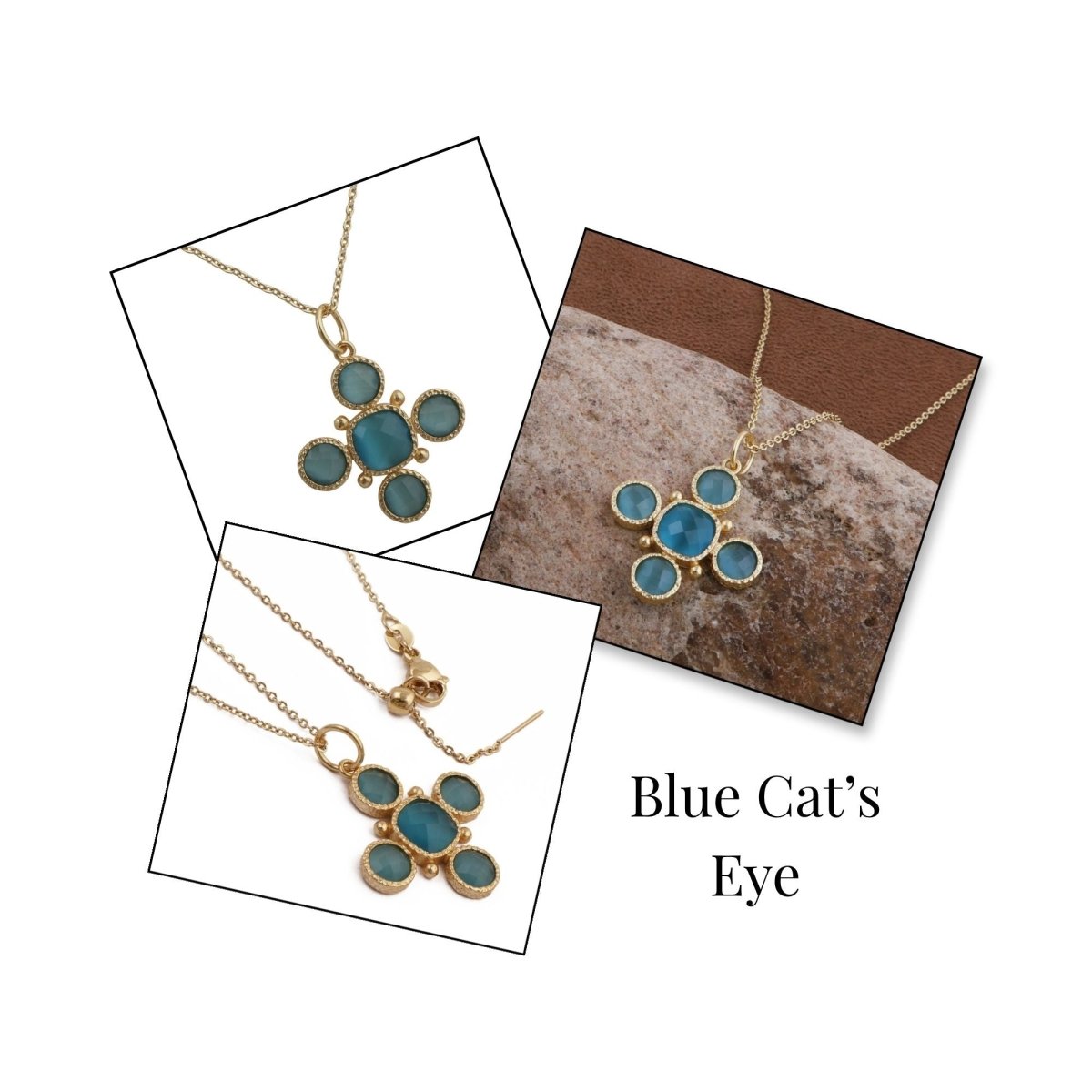 Peach Cats Eye Gemstone Cross Pendant, Gold Plated Jewelry Birthstone Gift For Her 5388 Blue Cat's Eye