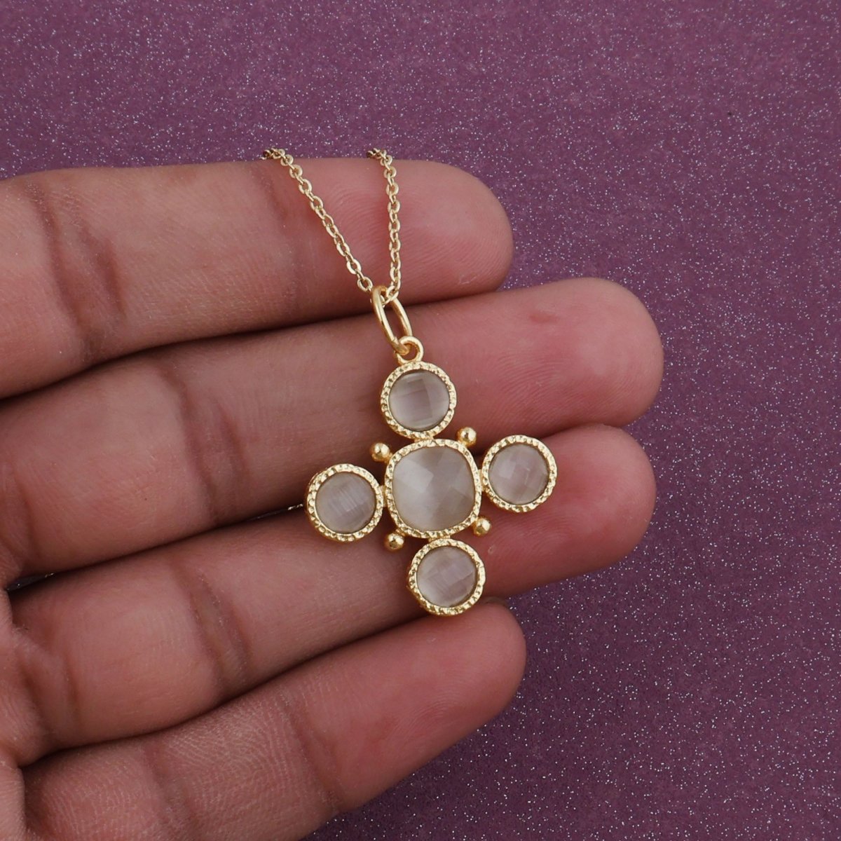 Peach Cats Eye Gemstone Cross Pendant, Gold Plated Jewelry Birthstone Gift For Her 5388