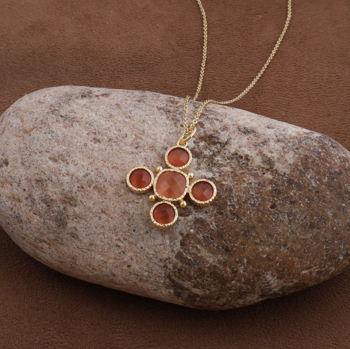 Peach Cats Eye Gemstone Cross Pendant, Gold Plated Jewelry Birthstone Gift For Her 5388