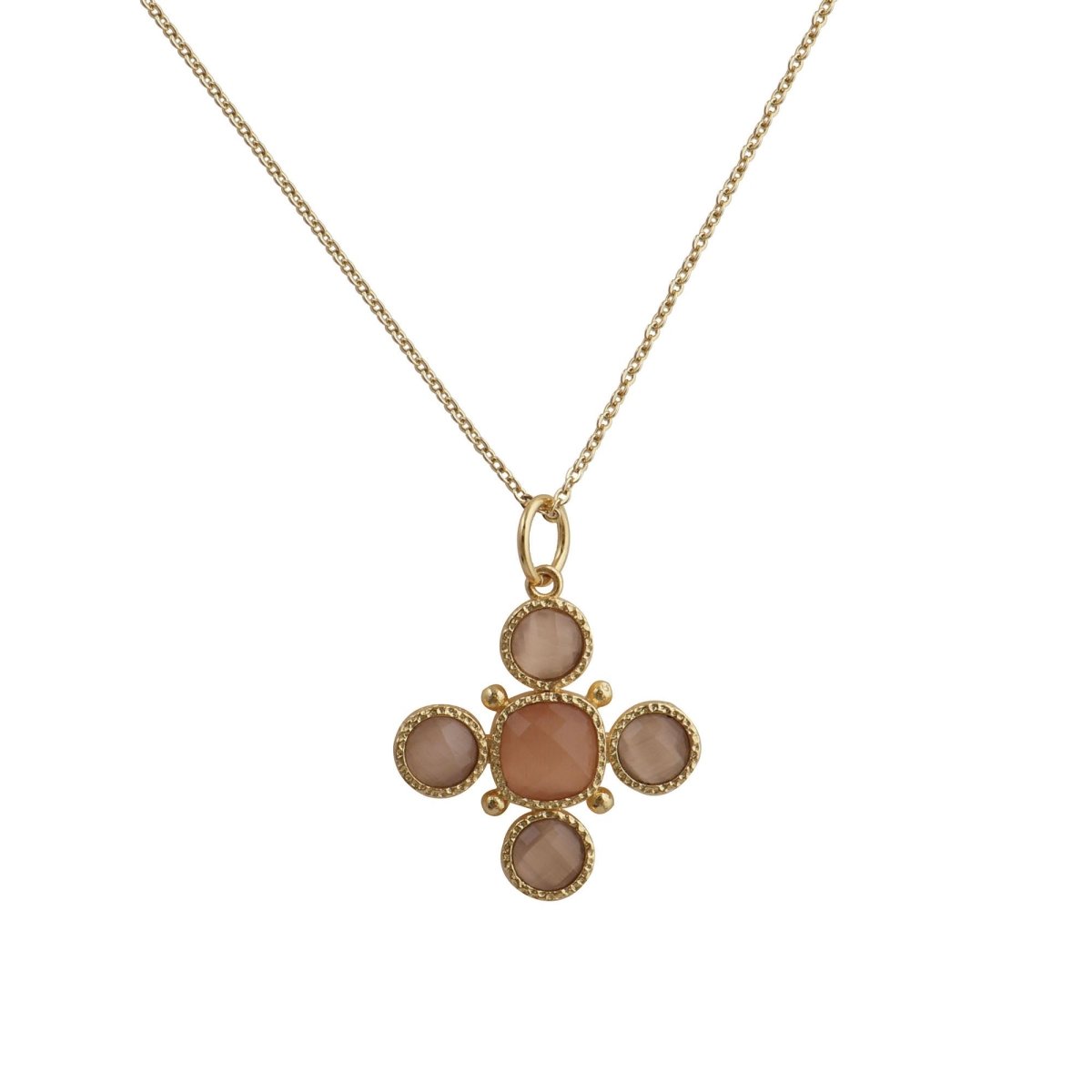 Peach Cats Eye Gemstone Cross Pendant, Gold Plated Jewelry Birthstone Gift For Her 5388