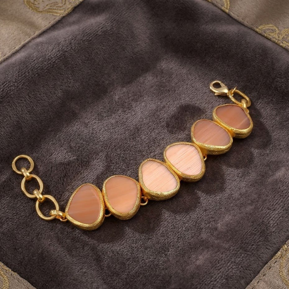 Peach Cat's Eye Gold Plated Bracelet, Fancy Shape Handmade Style Jewelry 5265