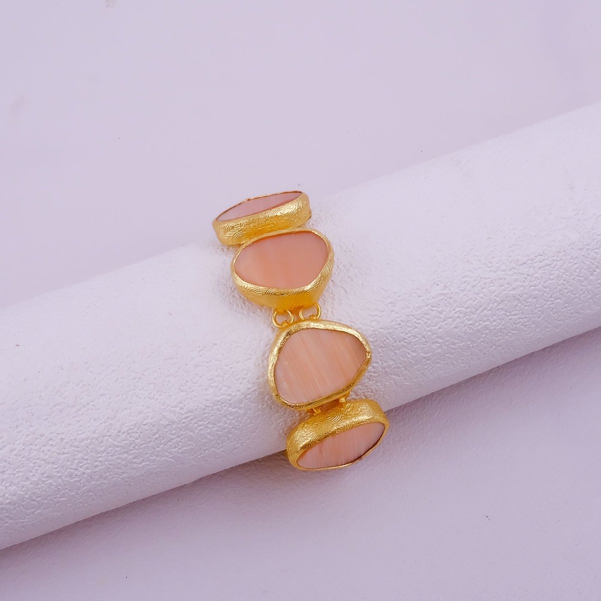 Peach Cat's Eye Gold Plated Bracelet, Fancy Shape Handmade Style Jewelry 5265