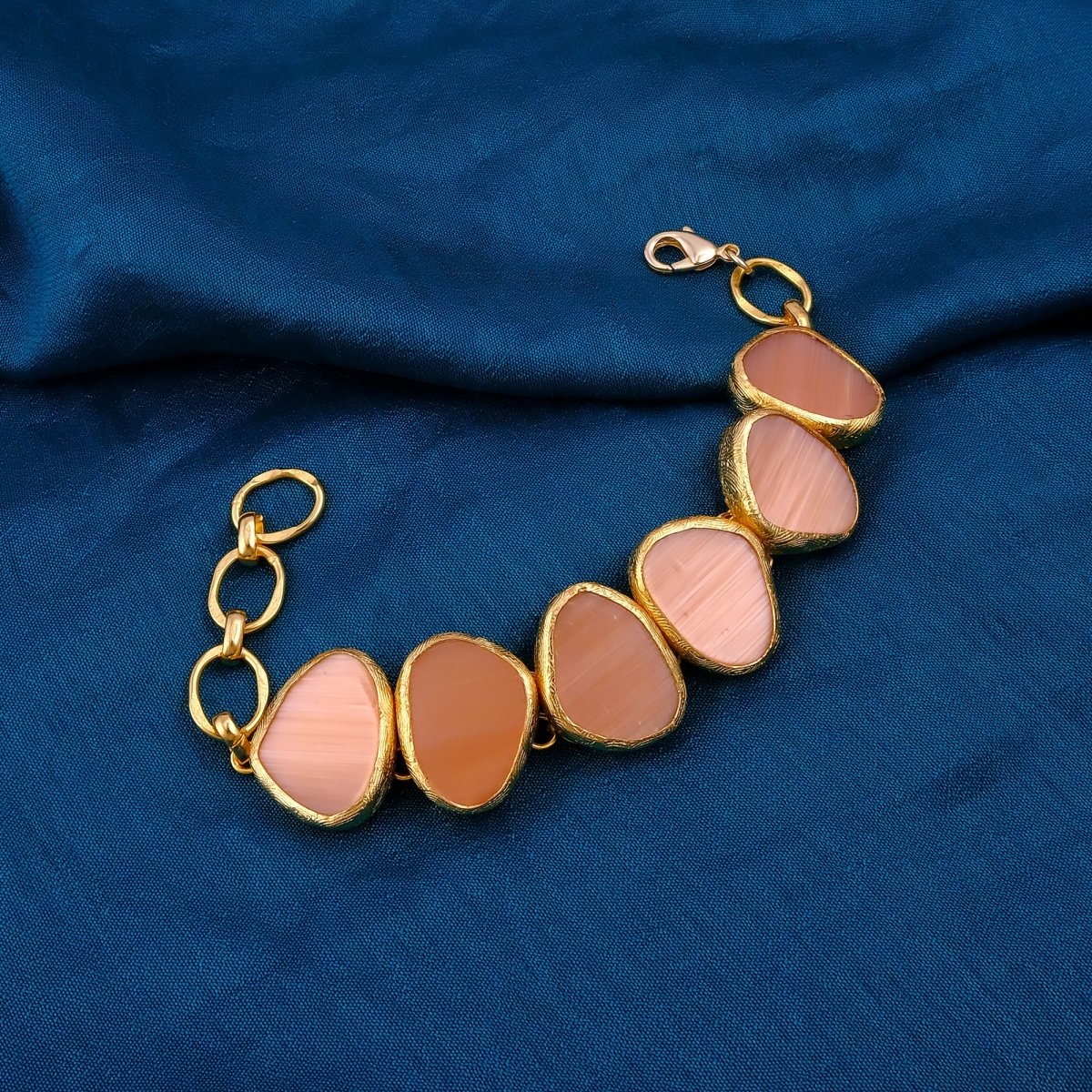 Peach Cat's Eye Gold Plated Bracelet, Fancy Shape Handmade Style Jewelry 5265