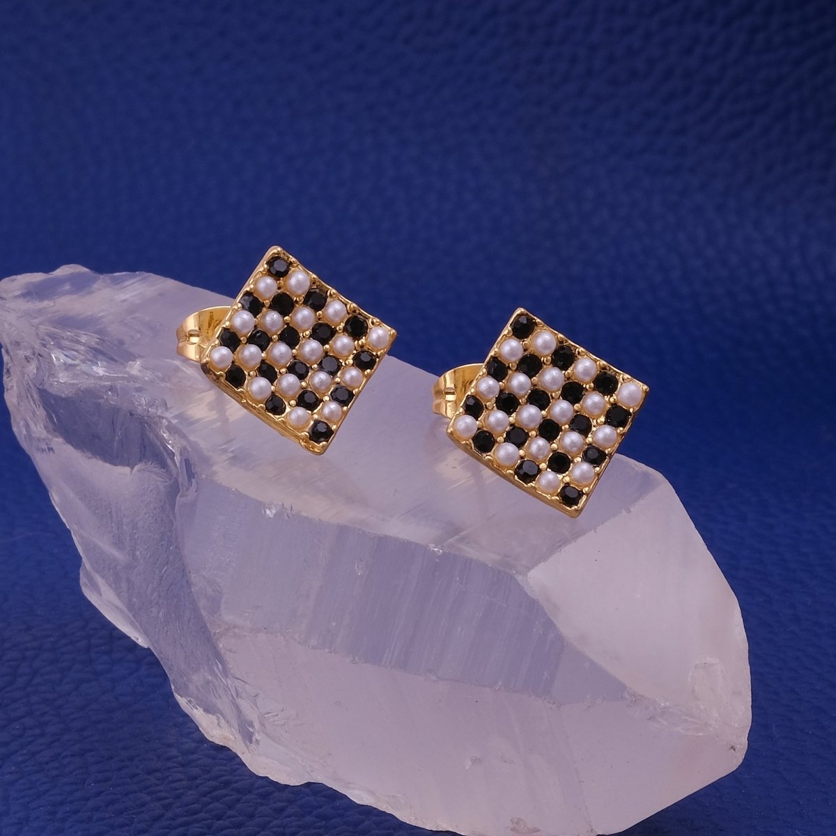 Pearl and Black Onyx Stud Earrings Chess Theme Earrings Gold Plated Jewelry
