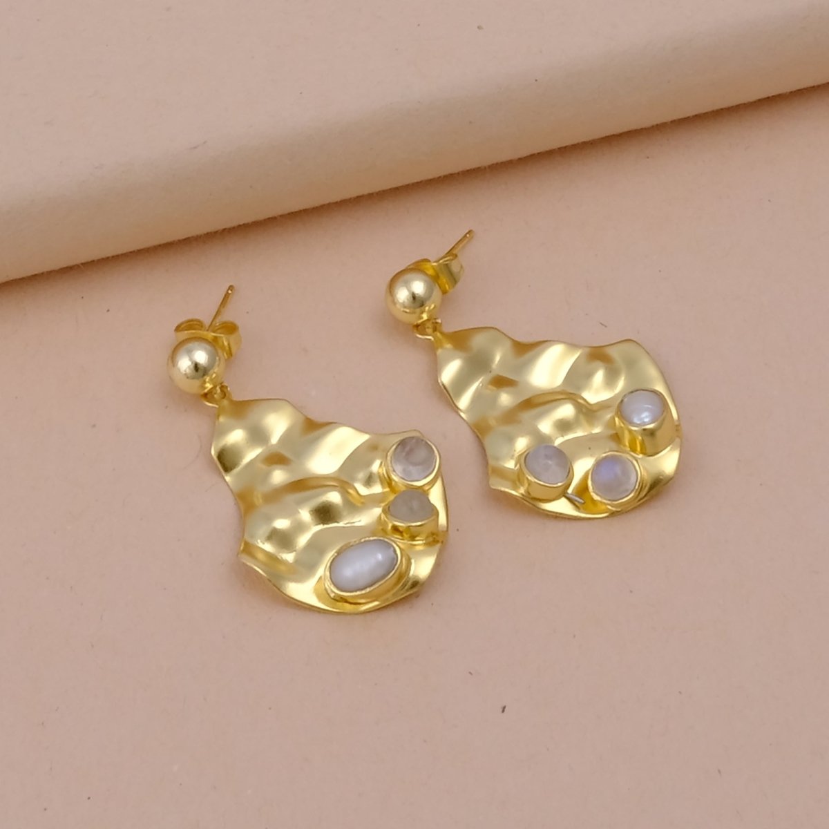 Pearl and Rainbow Moonstone Gemstone Studs Earrings Handmade Studs Gold Plated Collet Setting, Hammered Push Back Studs, Statement Dangle Drop Earrings for Women. S