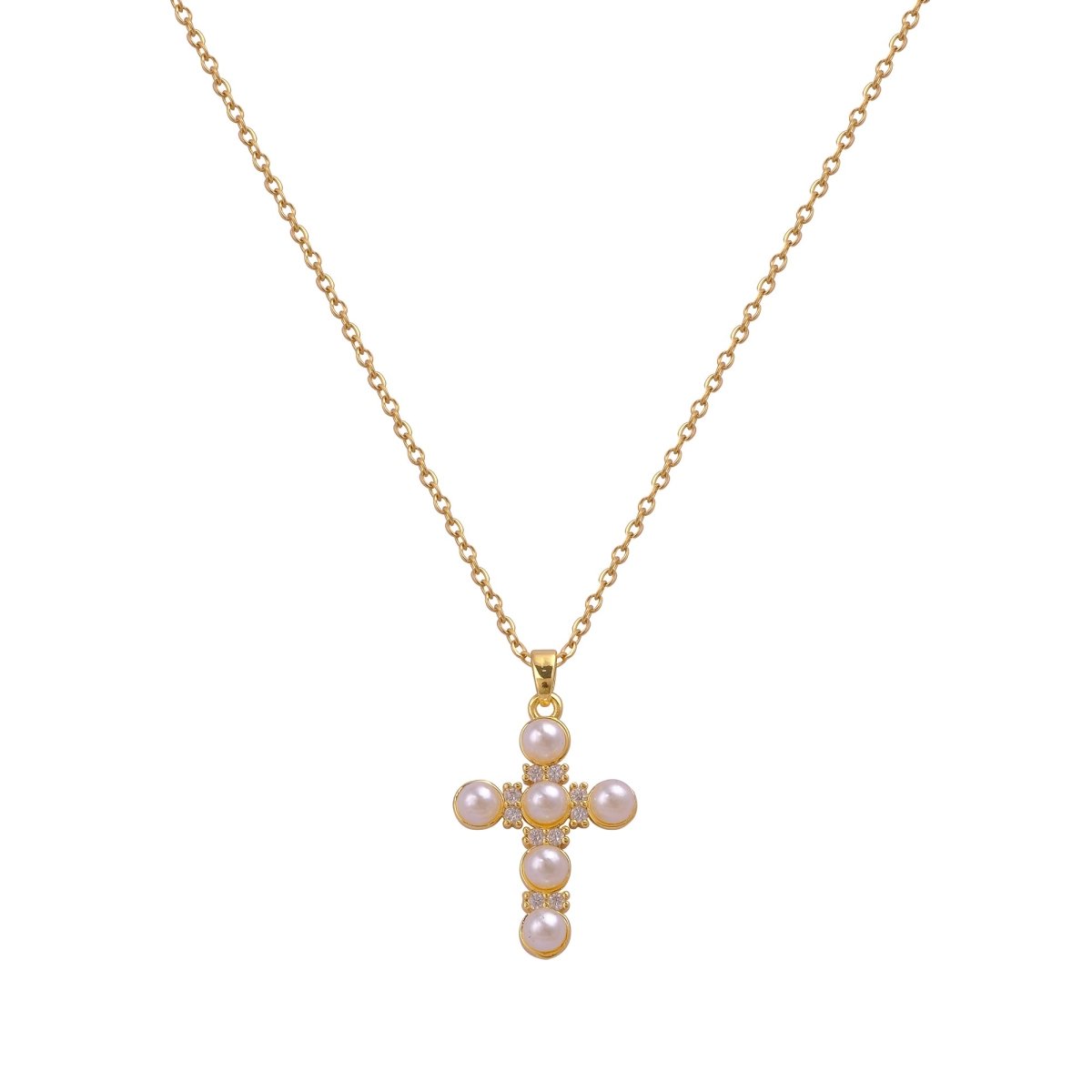 Pearl Cubic Zirconia Cross Necklace Gold Plated Jewelry
