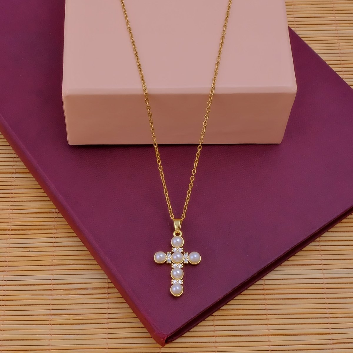 Pearl Cubic Zirconia Cross Necklace Gold Plated Jewelry