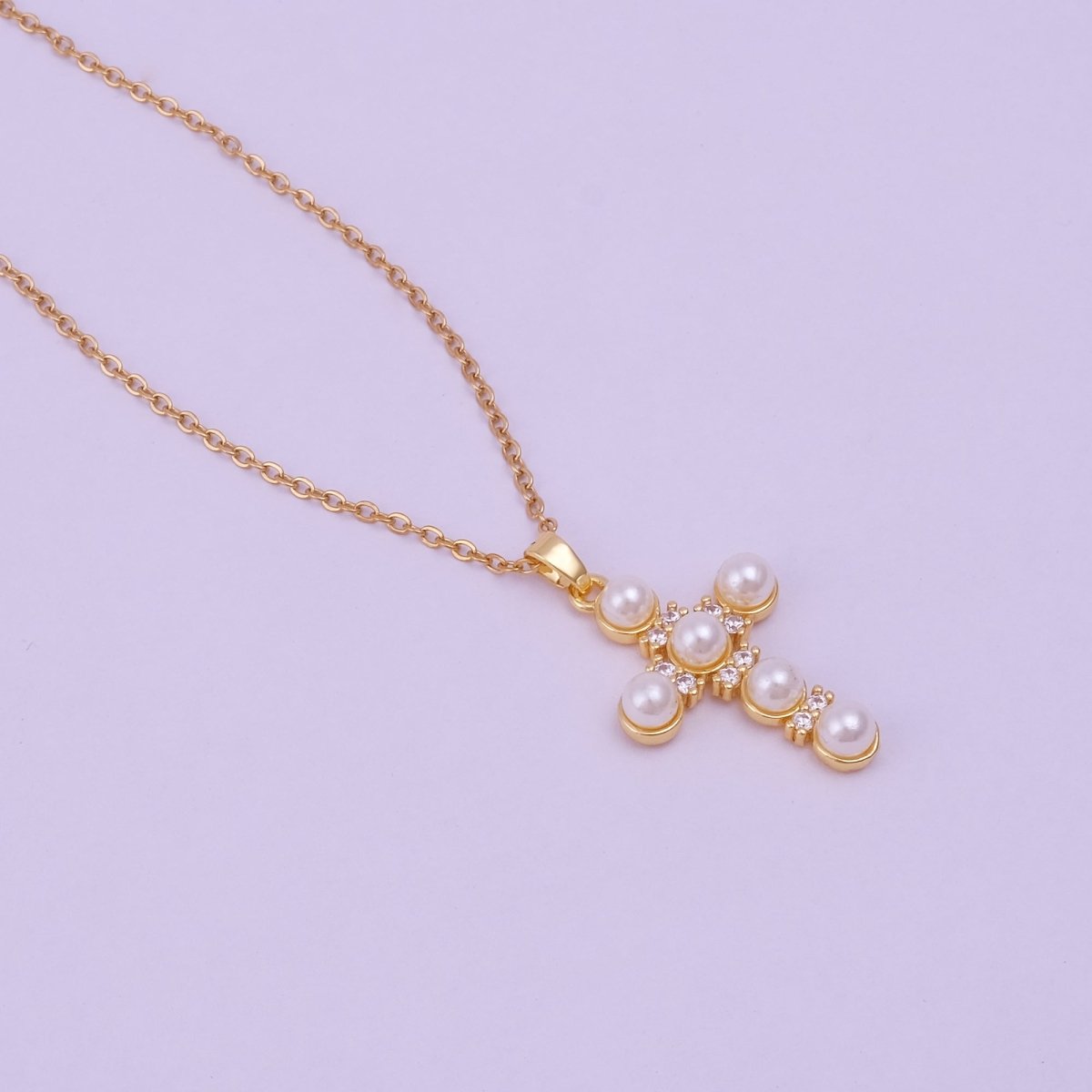 Pearl Cubic Zirconia Cross Necklace Gold Plated Jewelry