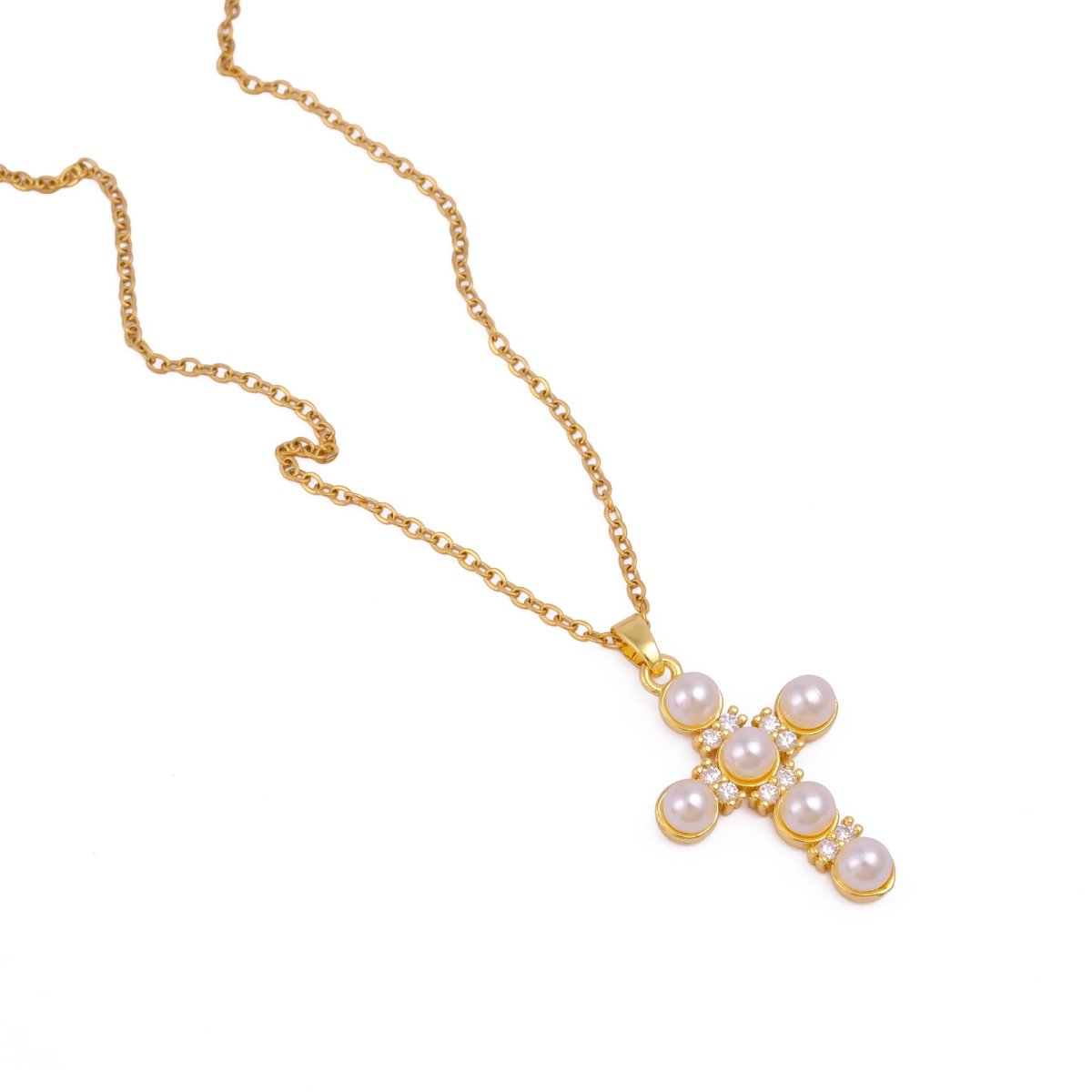 Pearl Cubic Zirconia Cross Necklace Gold Plated Jewelry