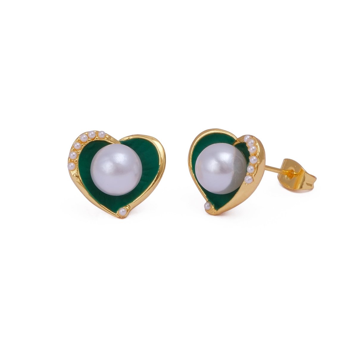 Pearl Heart Stud with Black Enamel Gold Plated Earring Green