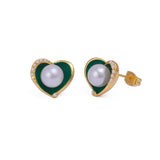 Pearl Heart Stud with Black Enamel Gold Plated Earring Green