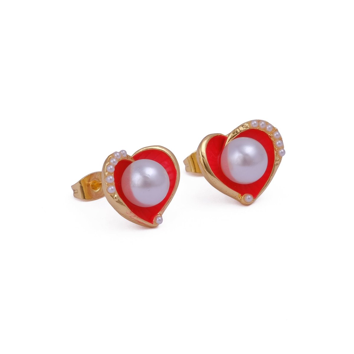 Pearl Heart Stud with Black Enamel Gold Plated Earring