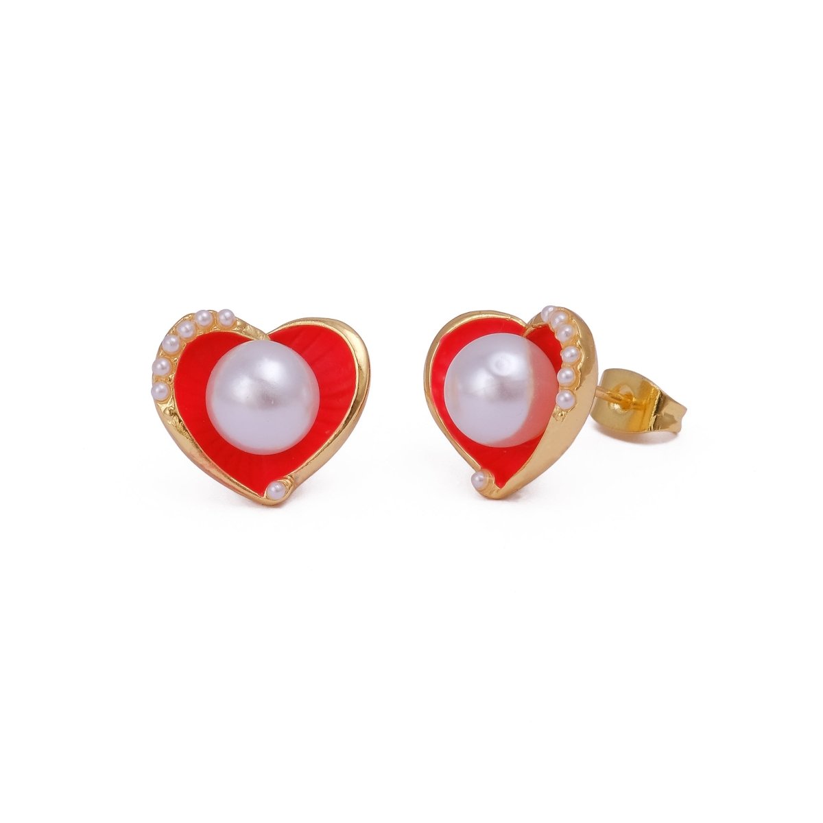 Pearl Heart Stud with Black Enamel Gold Plated Earring Orange
