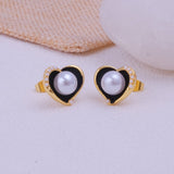 Pearl Heart Stud with Black Enamel Gold Plated Earring
