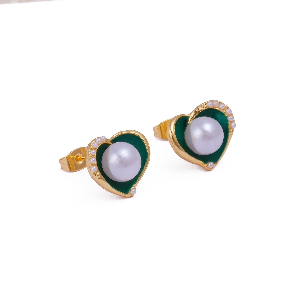Pearl Heart Stud with Black Enamel Gold Plated Earring