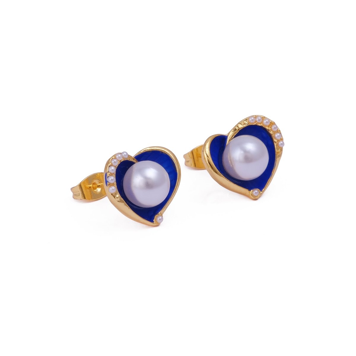 Pearl Heart Stud with Black Enamel Gold Plated Earring