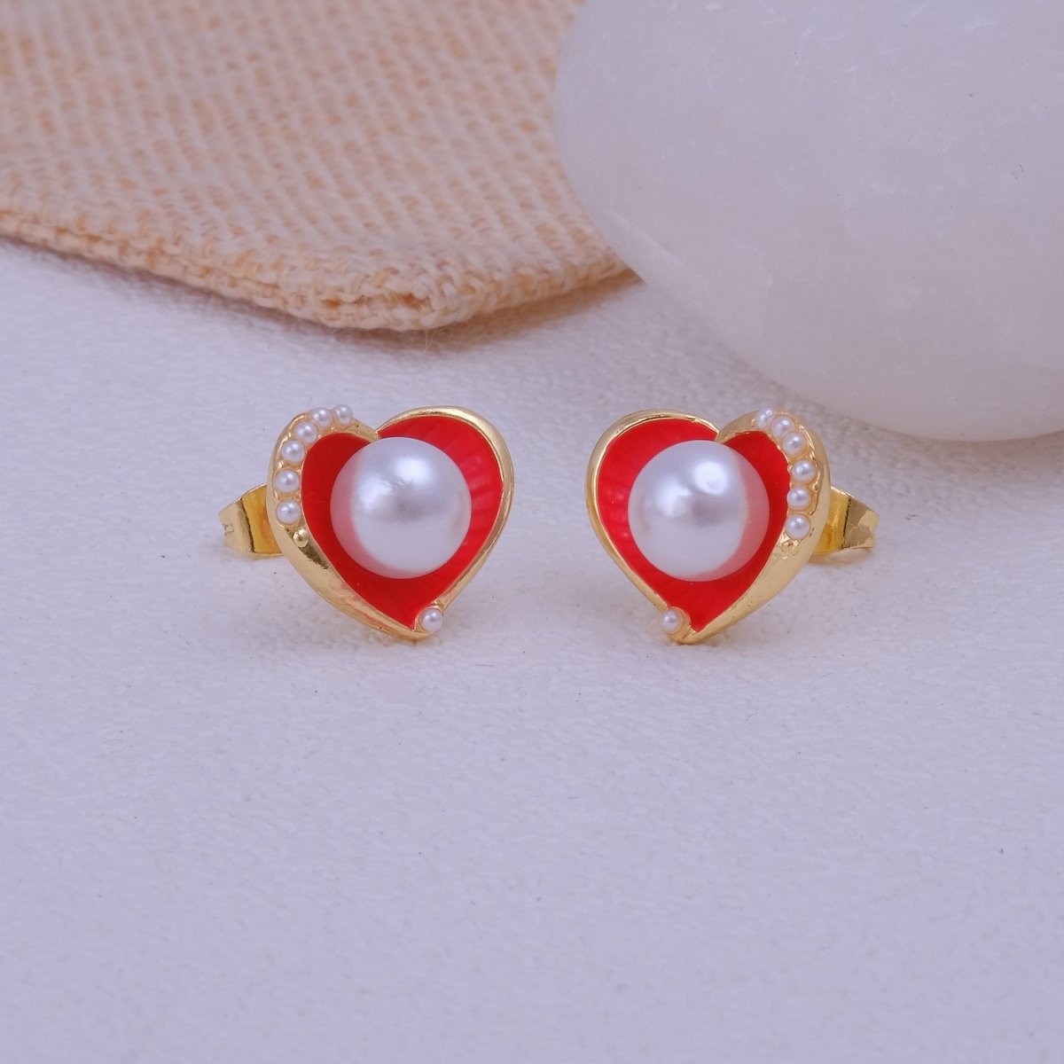 Pearl Heart Stud with Black Enamel Gold Plated Earring