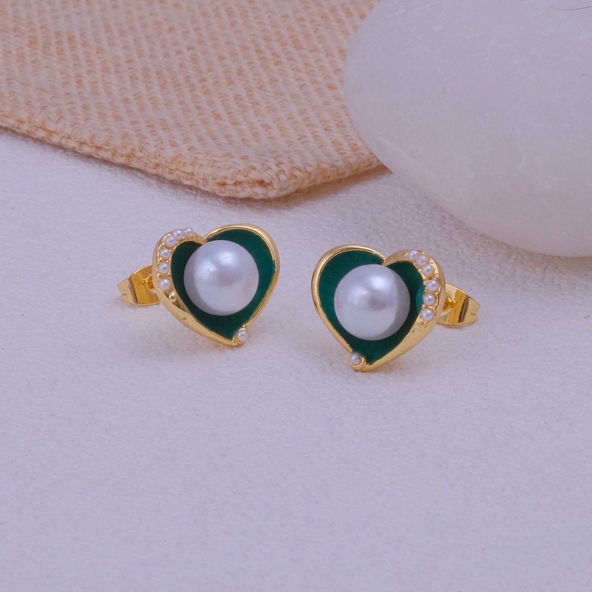 Pearl Heart Stud with Black Enamel Gold Plated Earring
