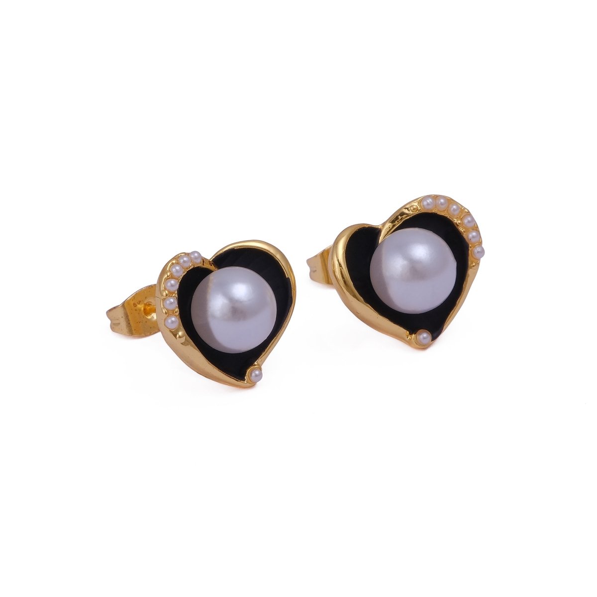Pearl Heart Stud with Black Enamel Gold Plated Earring