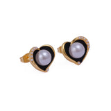 Pearl Heart Stud with Black Enamel Gold Plated Earring