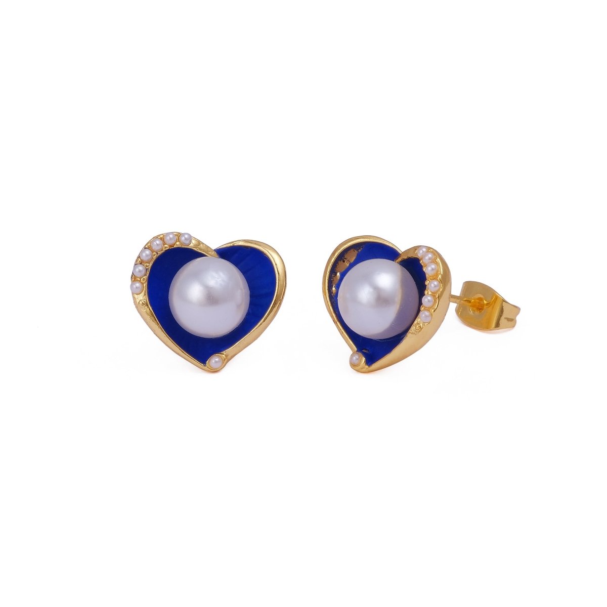 Pearl Heart Stud with Black Enamel Gold Plated Earring Blue