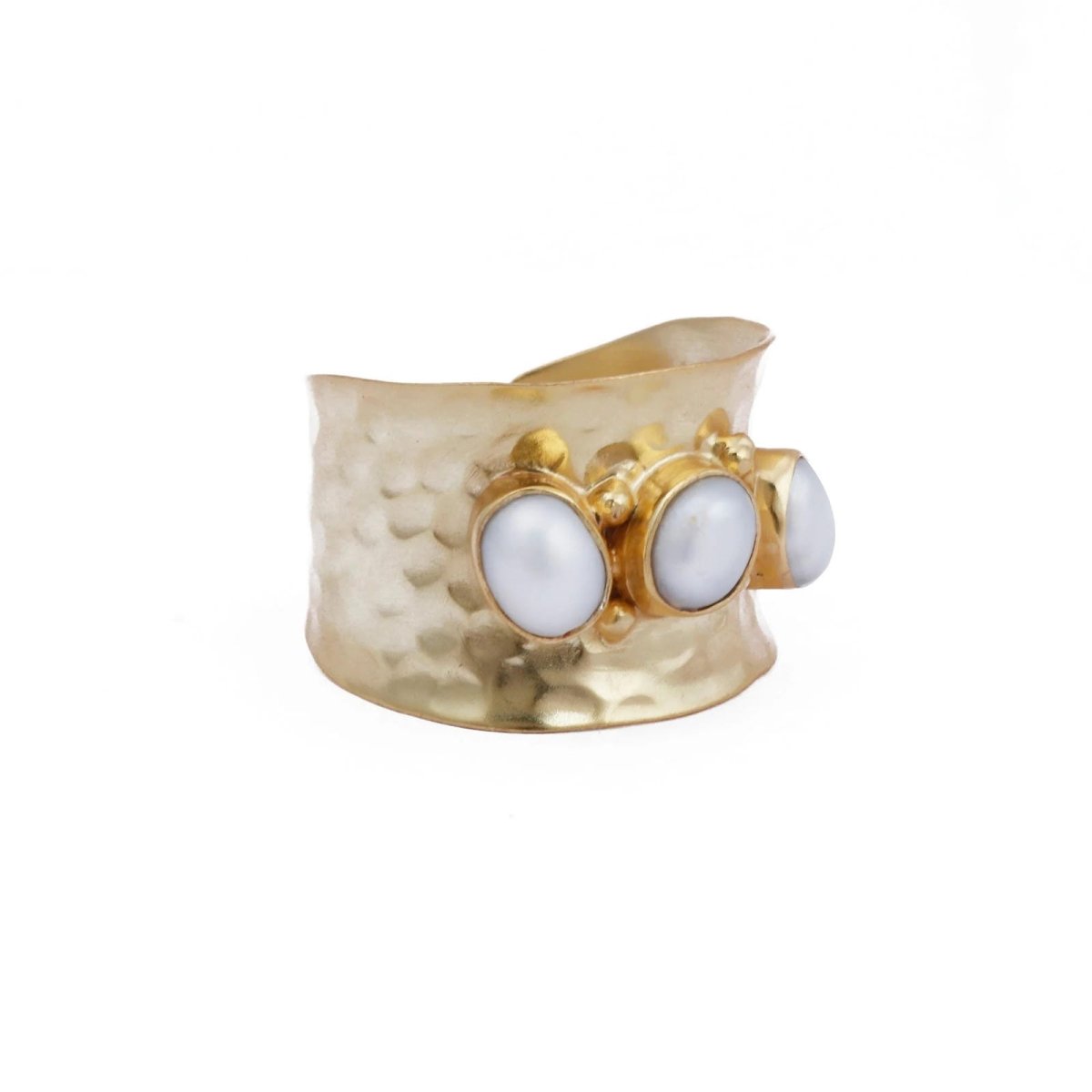 Pearl Spinner Ring Hammered Textured Gold Plated Jewelry