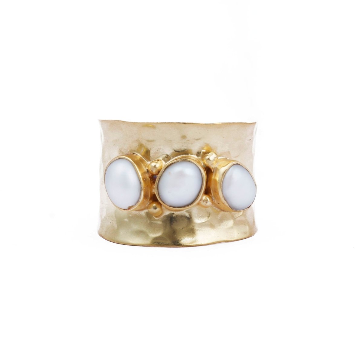 Pearl Spinner Ring Hammered Textured Gold Plated Jewelry
