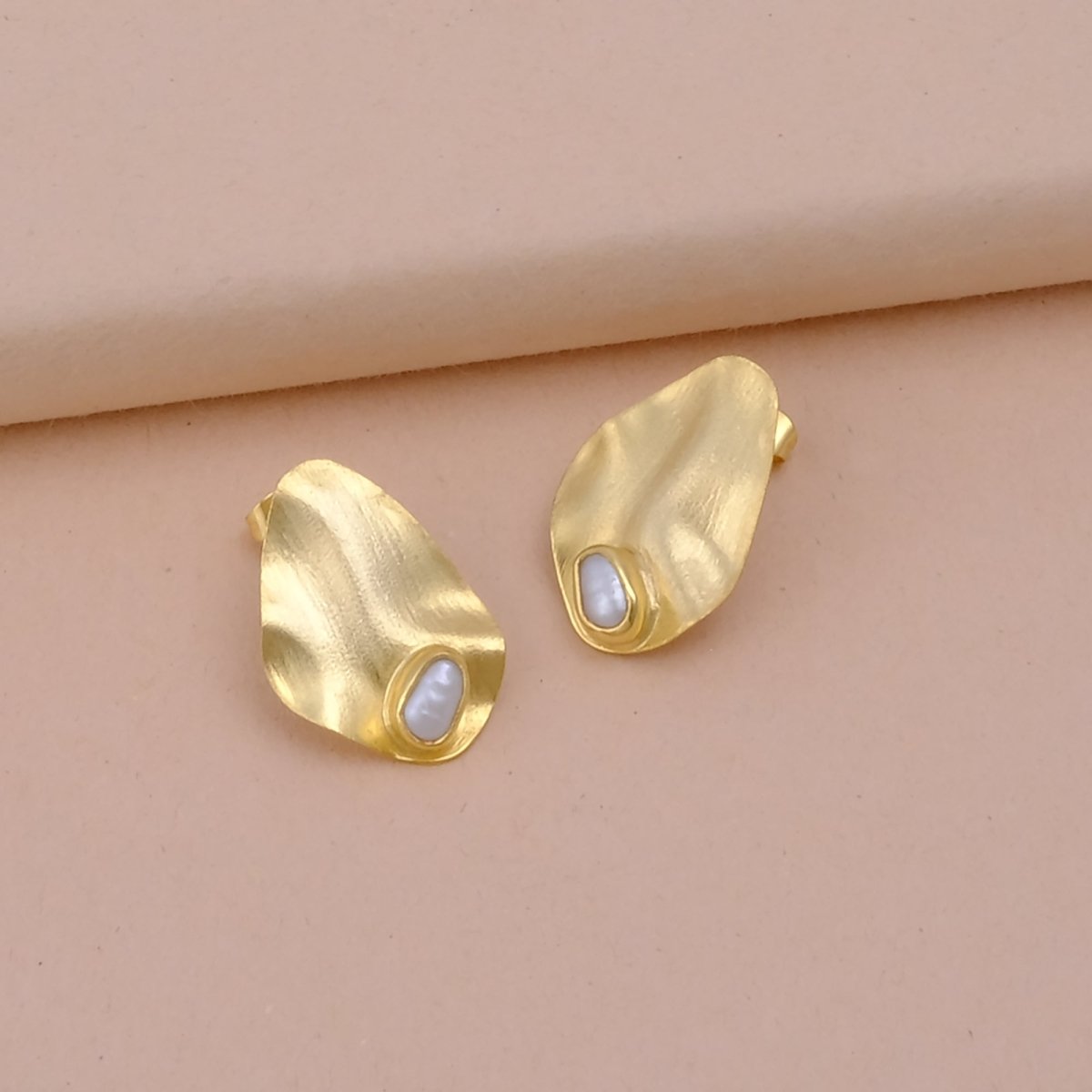 Pearl Stud Earrings Gold Plated Matte Textured Earrings Minimalist Jewelry Gift for Women's