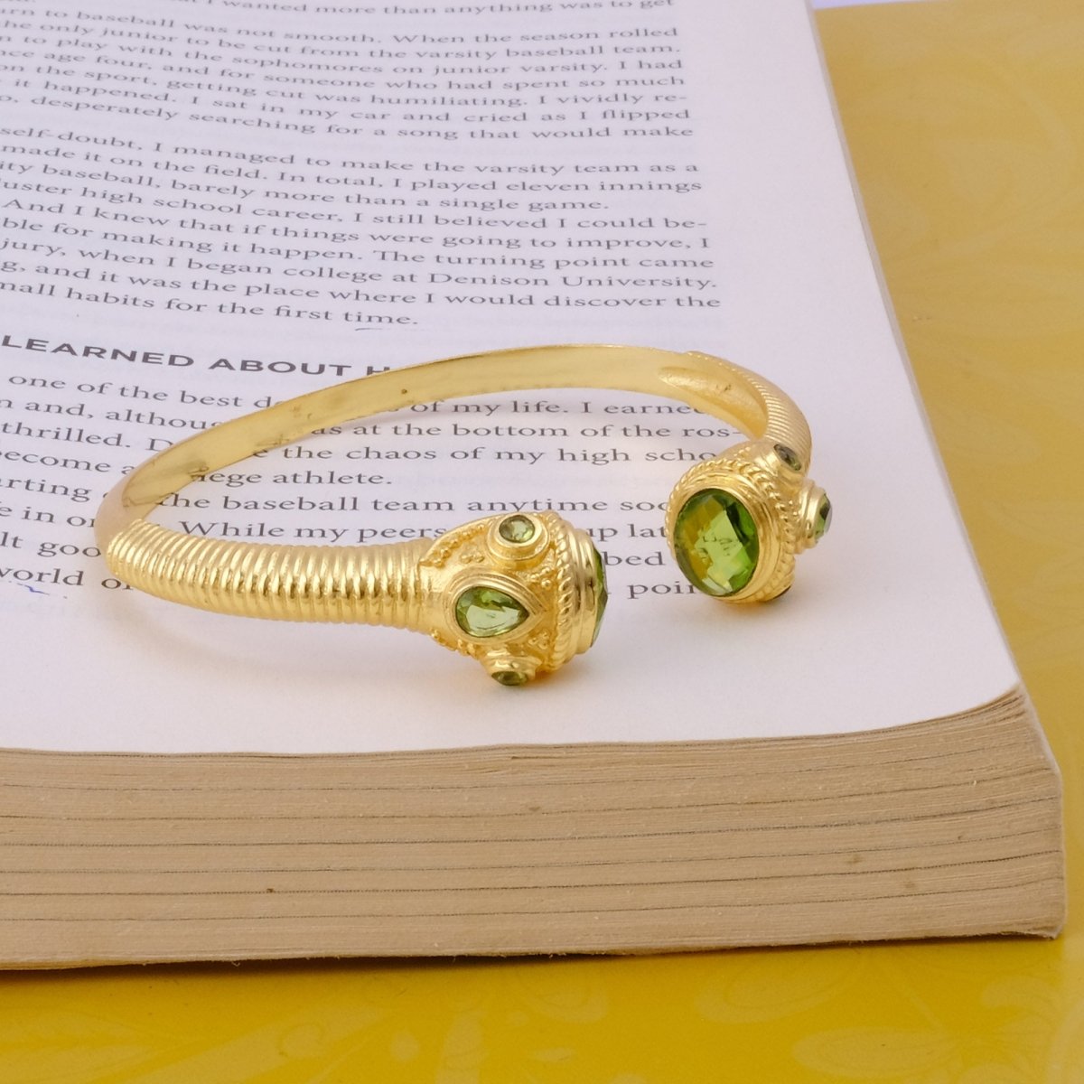 Peridot Gemstone Bangle Gold Plated Textured Open Cuff Bangle Handmade Statement Bangle
