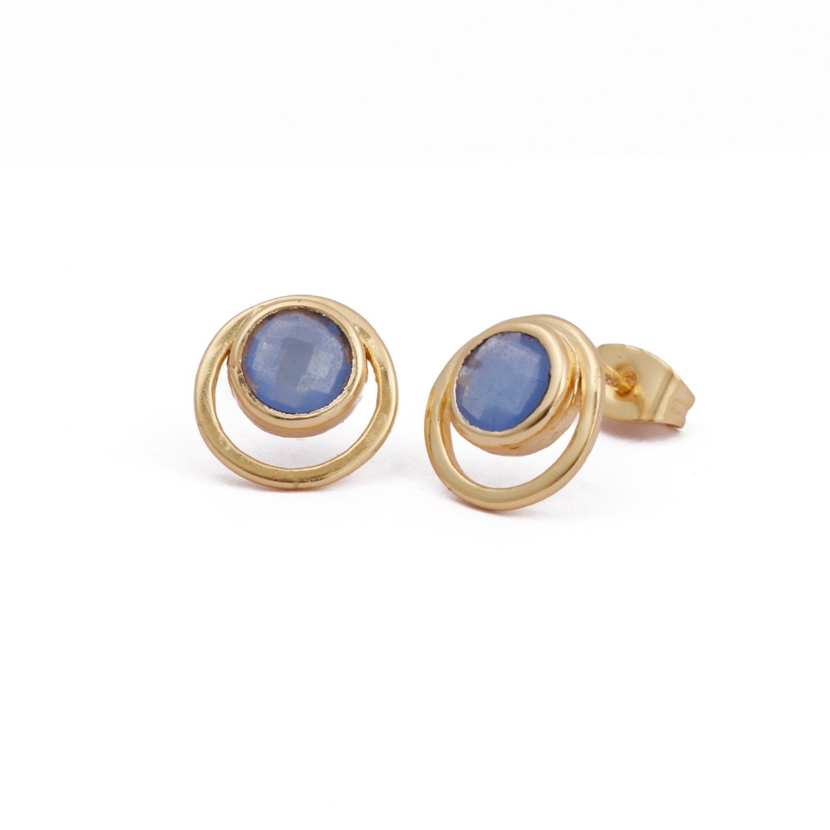 Peridot Gemstone Stud Earrings Gold Plated Push Back Earrings Collet Setting Earring Pairs Blue Chalcedony