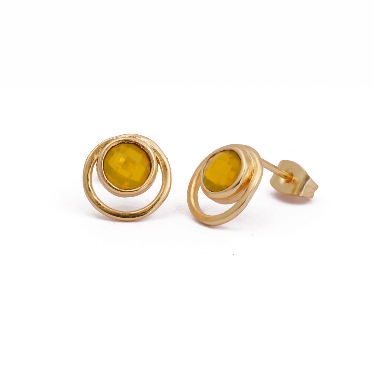 Peridot Gemstone Stud Earrings Gold Plated Push Back Earrings Collet Setting Earring Pairs Yellow Chalcedony