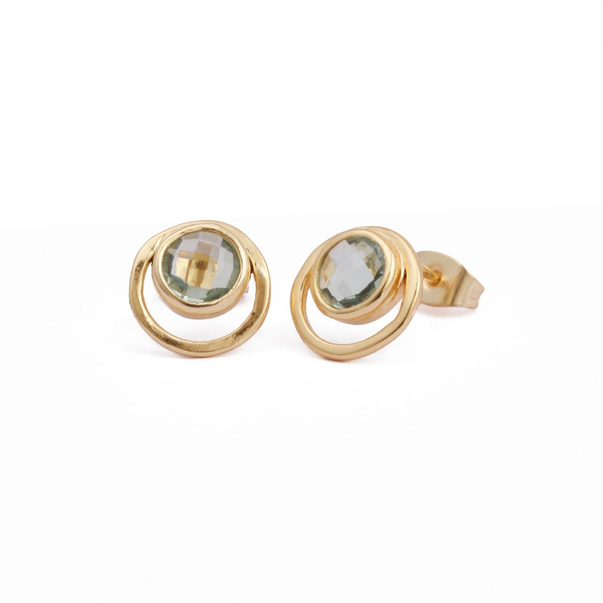 Peridot Gemstone Stud Earrings Gold Plated Push Back Earrings Collet Setting Earring Pairs Green Amethyst