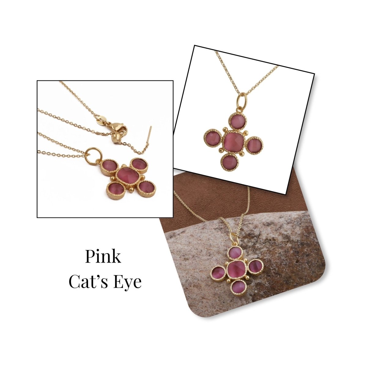 Pink Cat's Eye Gemstone Cross Pendant, Perfect June Birthstone Gift 5388