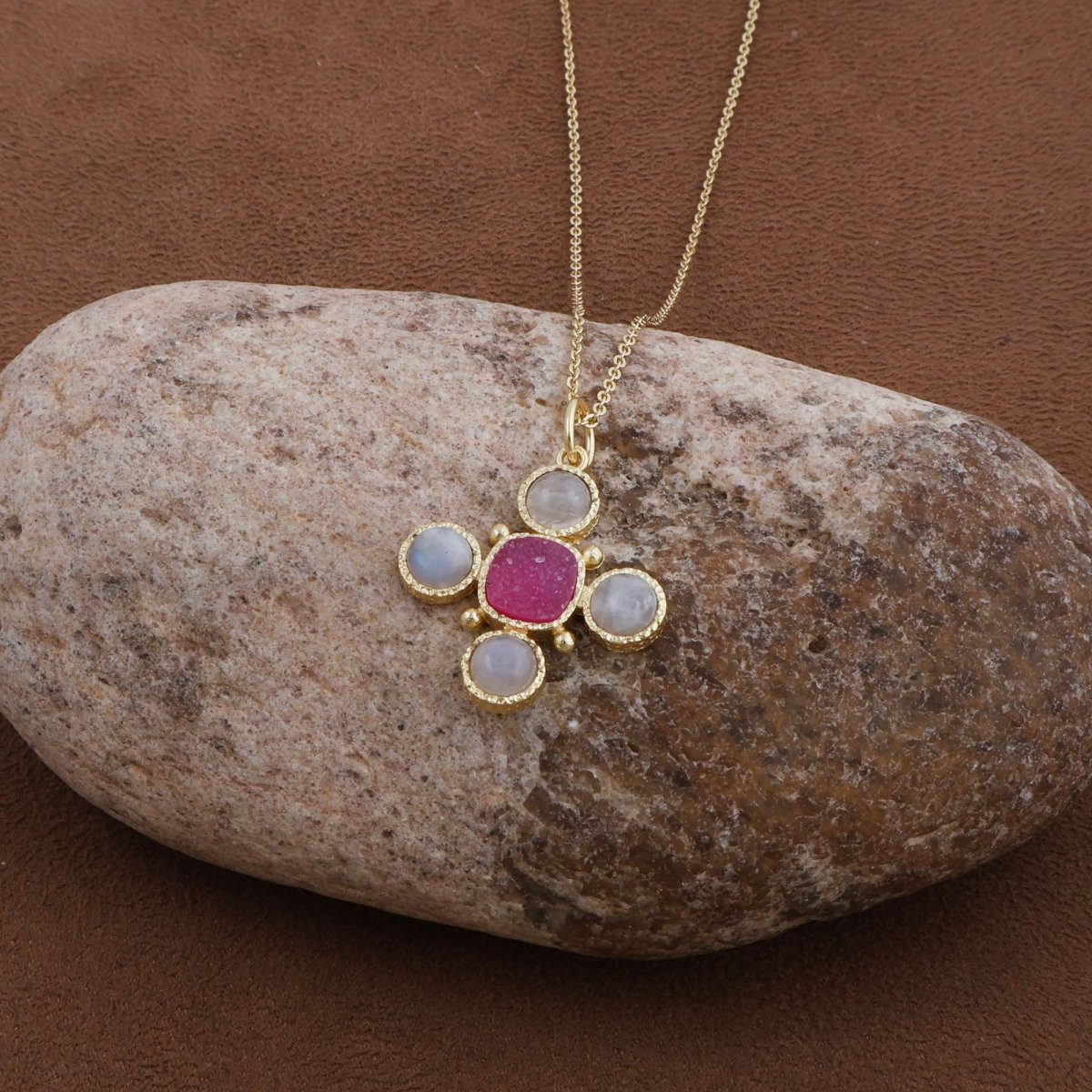 Pink Cat's Eye Gemstone Cross Pendant, Perfect June Birthstone Gift 5388