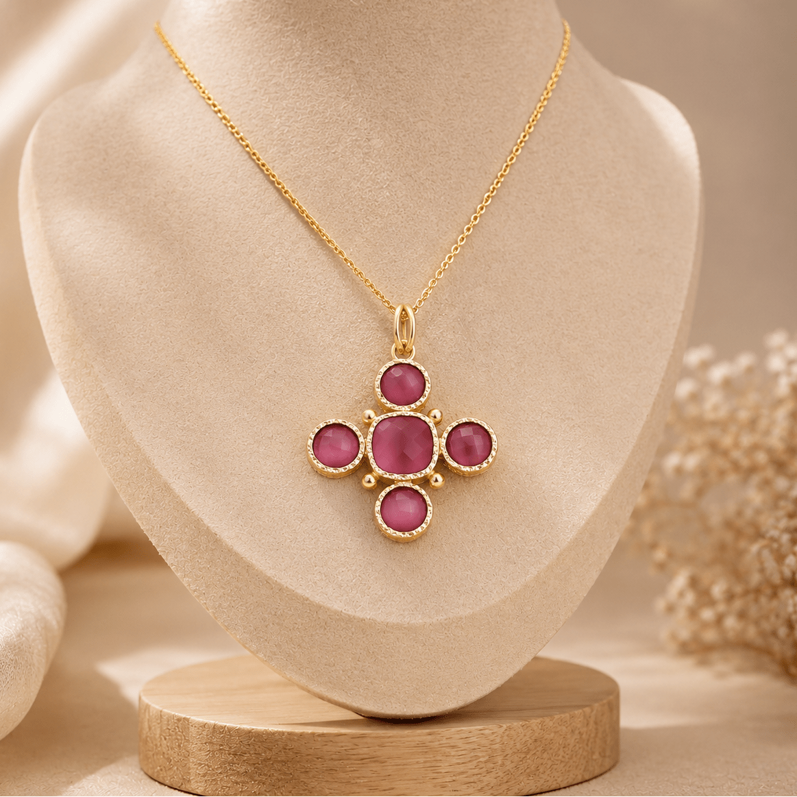 Pink Cat's Eye Gemstone Cross Pendant, Perfect June Birthstone Gift 5388 Pink Cat's Eye