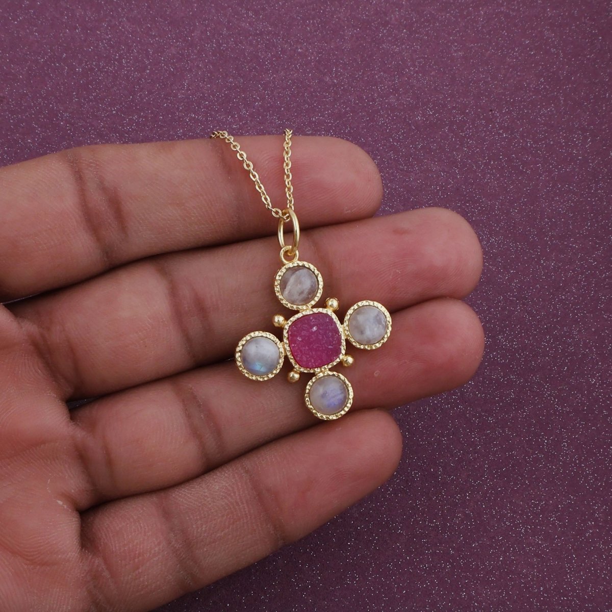 Pink Cat's Eye Gemstone Cross Pendant, Perfect June Birthstone Gift 5388