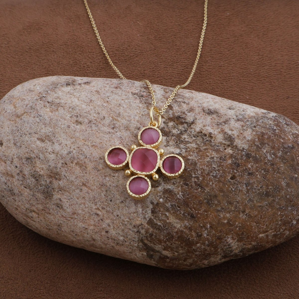 Pink Cat's Eye Gemstone Cross Pendant, Perfect June Birthstone Gift 5388