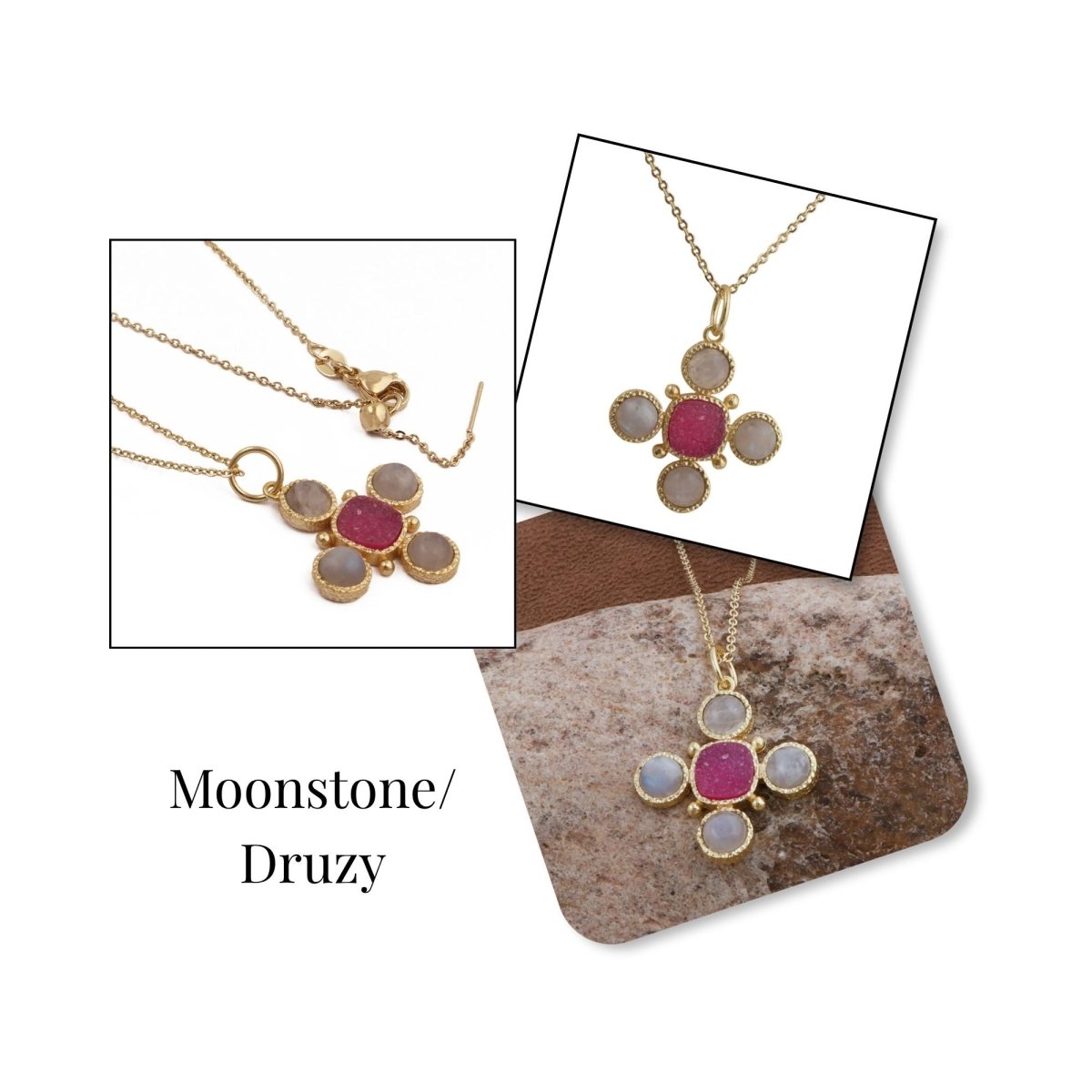 Pink Cat's Eye Gemstone Cross Pendant, Perfect June Birthstone Gift 5388 Moonstone Druzy
