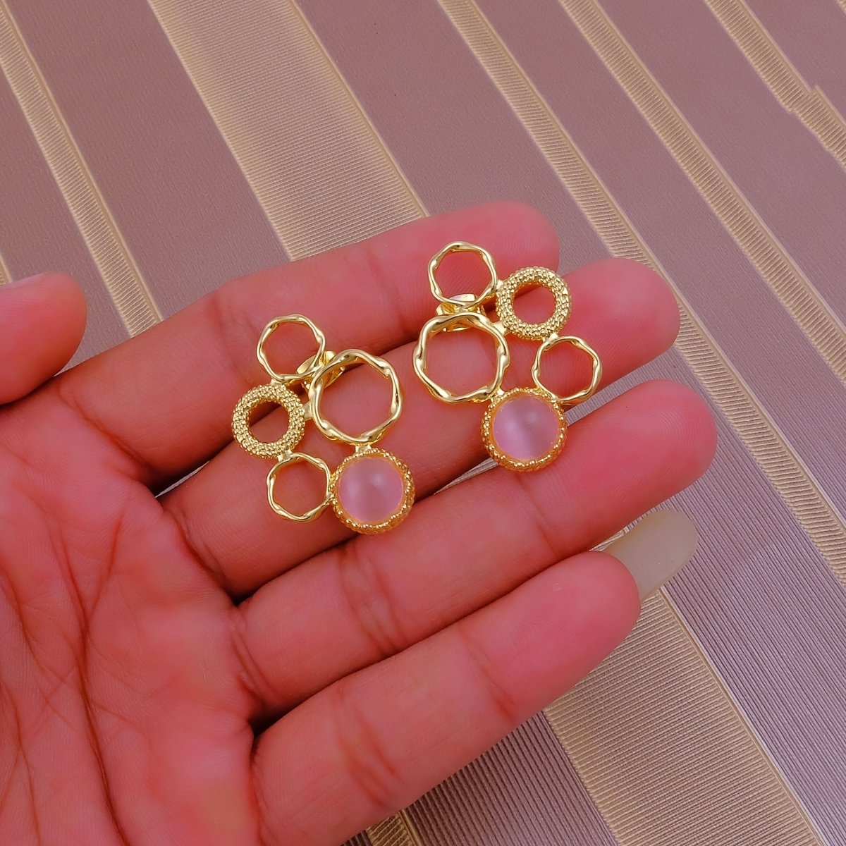 Pink Cat's Eye Gemstone Gold Plated Circle Studs, Modern Artisan Speckled Studs CE - 1017