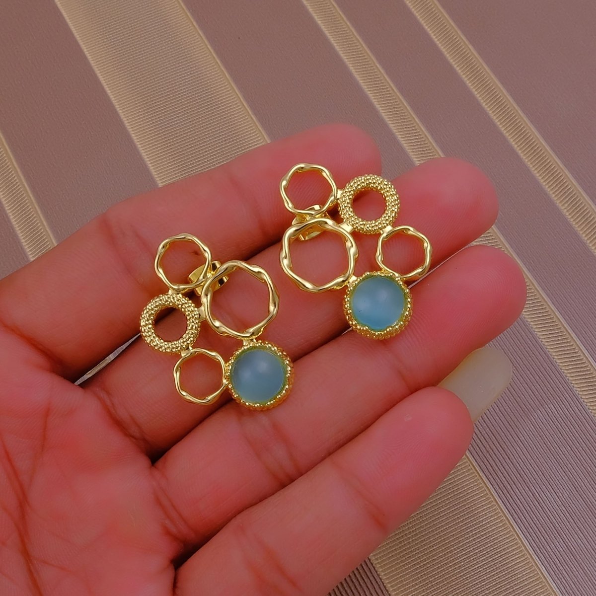 Pink Cat's Eye Gemstone Gold Plated Circle Studs, Modern Artisan Speckled Studs CE - 1017