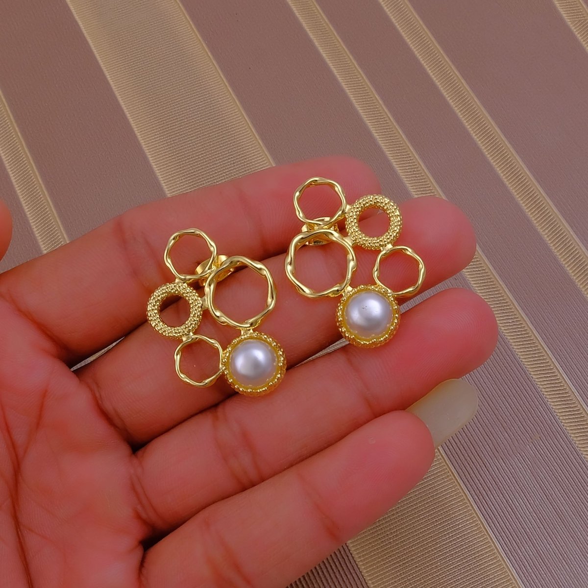 Pink Cat's Eye Gemstone Gold Plated Circle Studs, Modern Artisan Speckled Studs CE - 1017