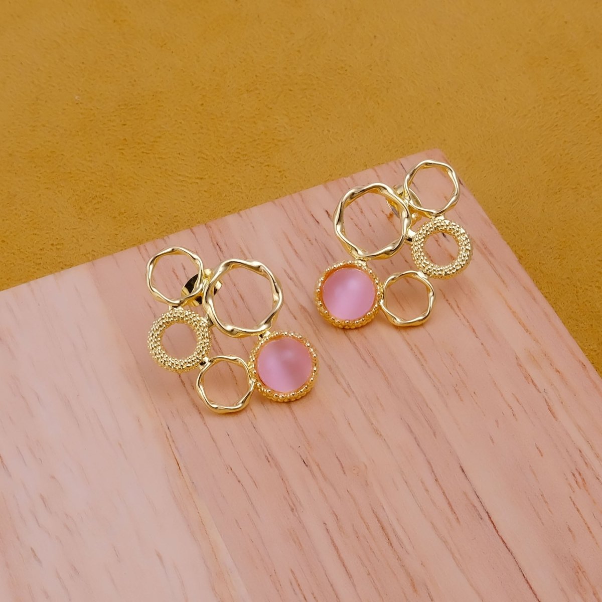 Pink Cat's Eye Gemstone Gold Plated Circle Studs, Modern Artisan Speckled Studs CE - 1017
