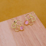 Pink Cat's Eye Gemstone Gold Plated Circle Studs, Modern Artisan Speckled Studs CE - 1017