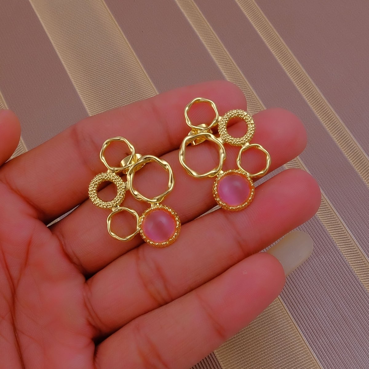 Pink Cat's Eye Gemstone Gold Plated Circle Studs, Modern Artisan Speckled Studs CE - 1017