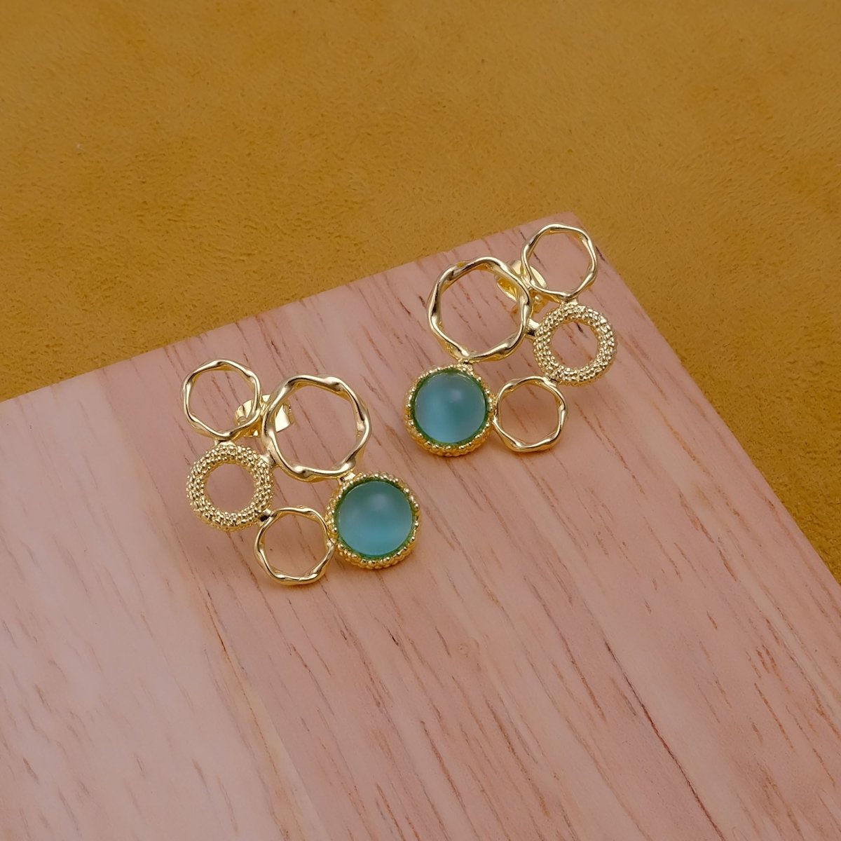 Pink Cat's Eye Gemstone Gold Plated Circle Studs, Modern Artisan Speckled Studs CE - 1017