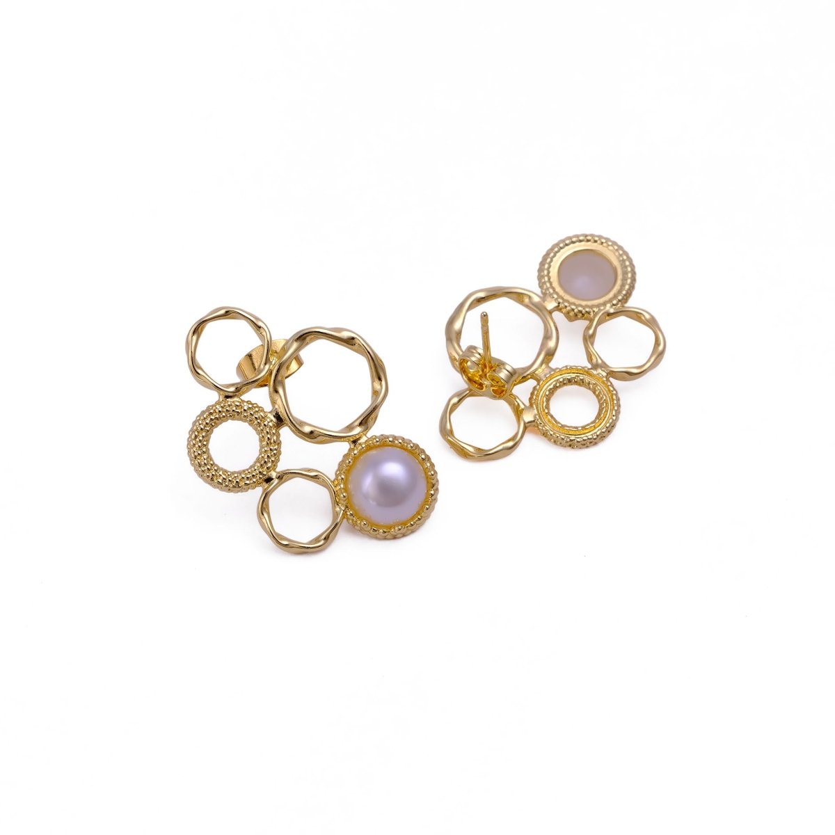 Pink Cat's Eye Gemstone Gold Plated Circle Studs, Modern Artisan Speckled Studs CE - 1017