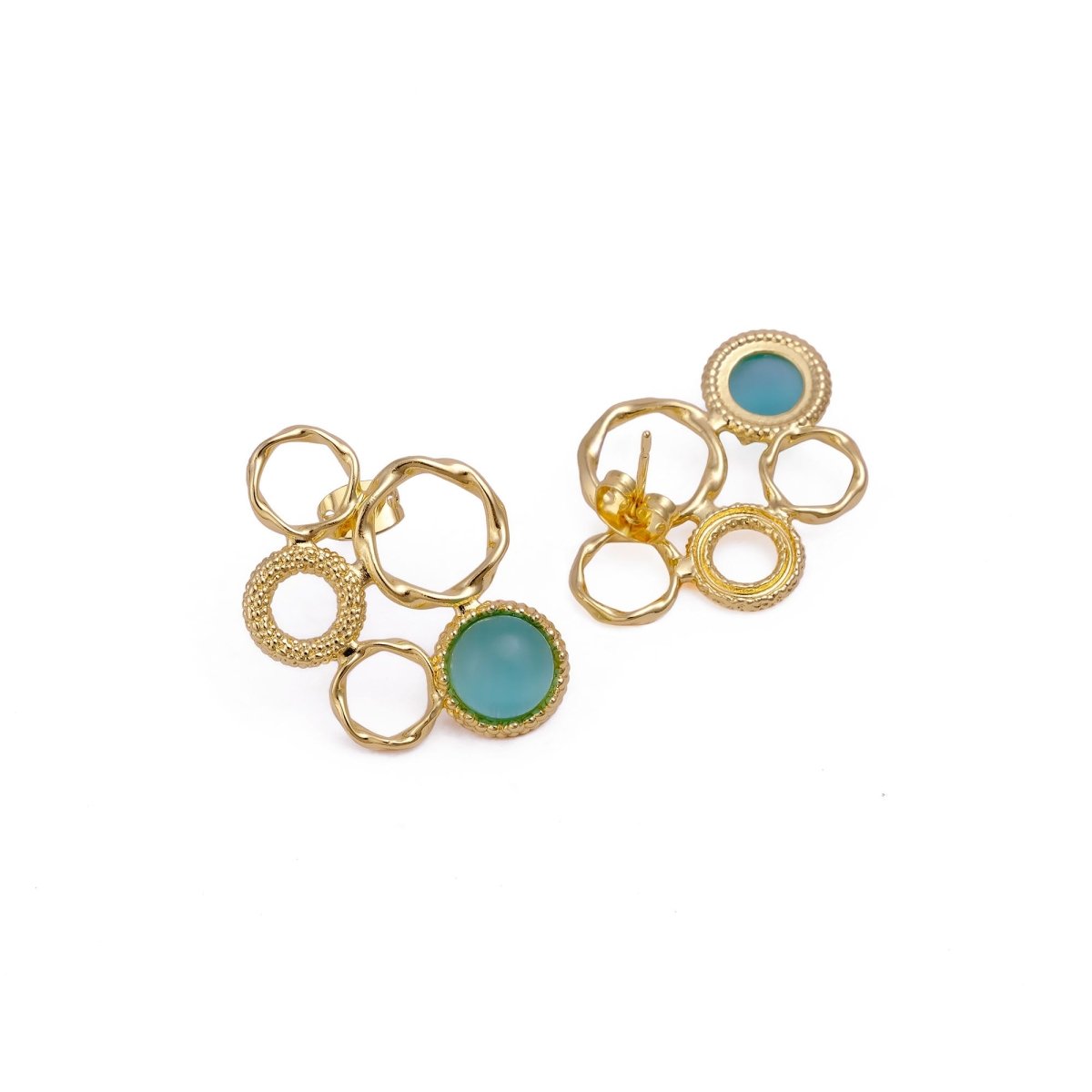 Pink Cat's Eye Gemstone Gold Plated Circle Studs, Modern Artisan Speckled Studs CE - 1017