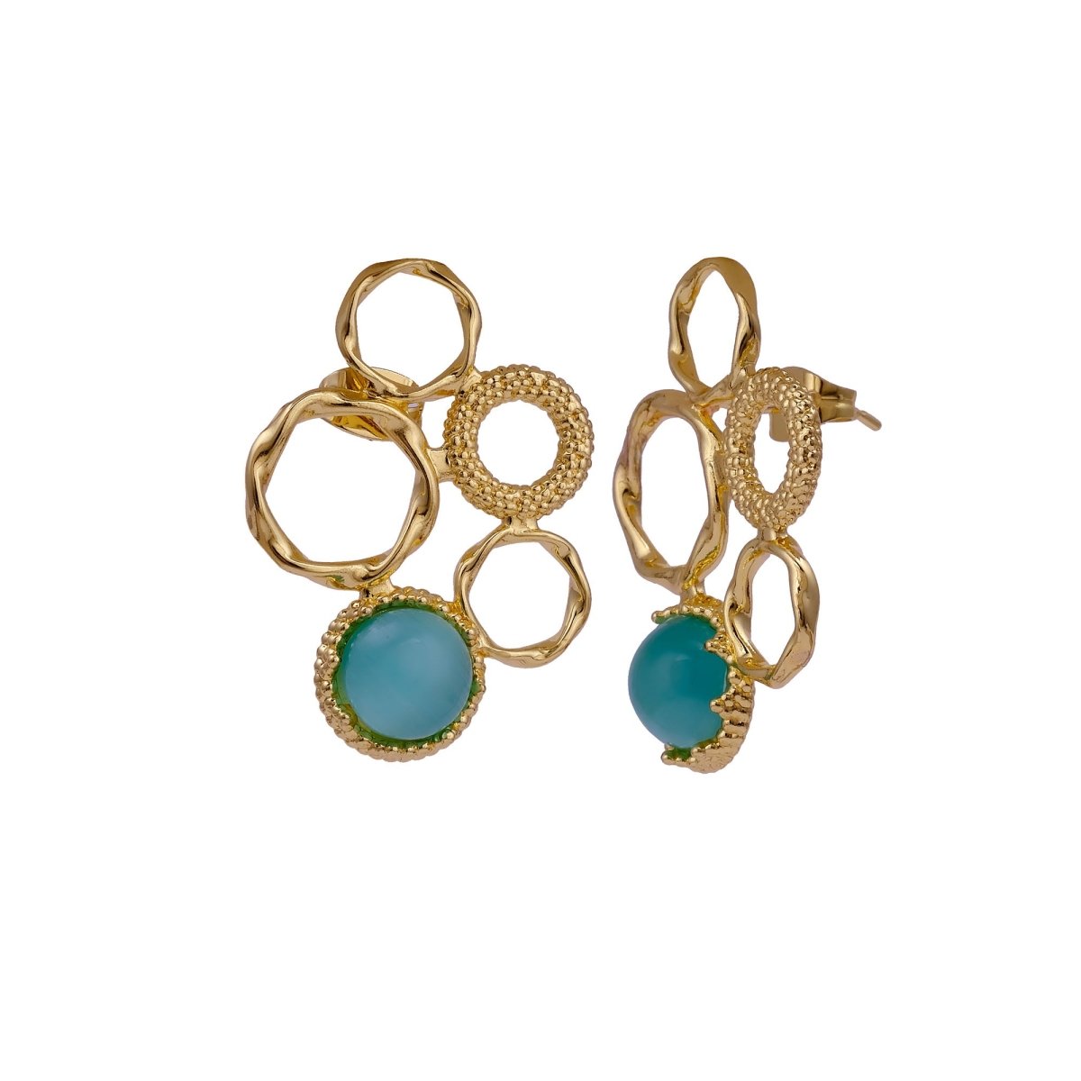 Pink Cat's Eye Gemstone Gold Plated Circle Studs, Modern Artisan Speckled Studs CE - 1017
