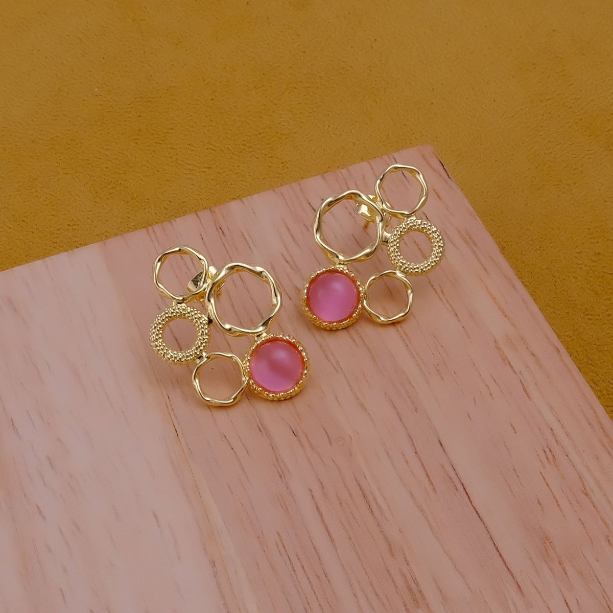 Pink Cat's Eye Gemstone Gold Plated Circle Studs, Modern Artisan Speckled Studs CE - 1017