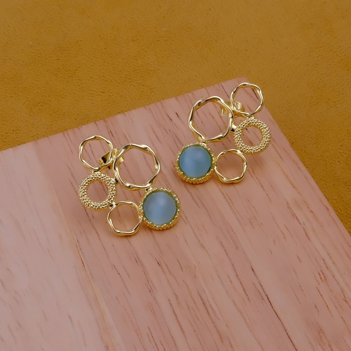 Pink Cat's Eye Gemstone Gold Plated Circle Studs, Modern Artisan Speckled Studs CE - 1017